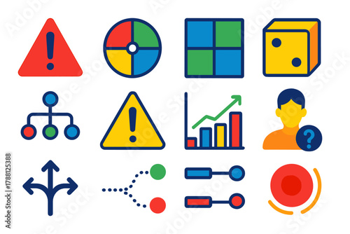 Risk Analysis Icons. Flat vector icons of risk and decision analysis: risk icon, probability wheel, payoff matrix, dice outcome,