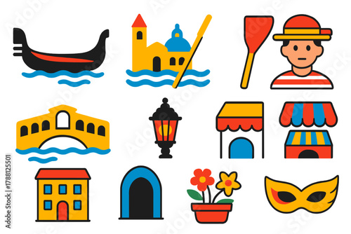 Venetian Canal Icons. Flat vector icons of Venetian Canal: gondola, Venice, oar, bridge, water, lantern, gondolier, building, arch