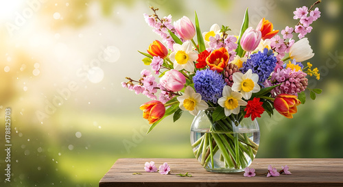 Vibrant spring bouquet of tulips hyacinths daffodils and mums in a glass vase on a wooden table outdoors