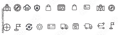 Thin line E-commerce logistics and security icon set vector