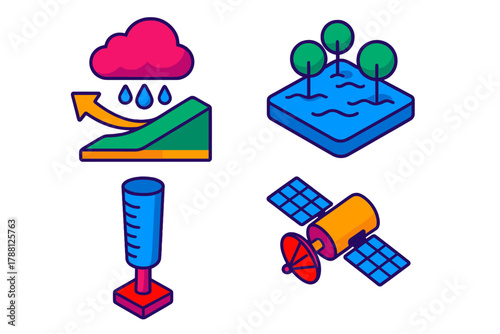 Extreme Weather Icons. Isometric vector illustration set Extreme Weather Monitoring: Moisture plume sweeping over terrain, flooded