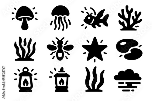 Luminous Ecosystem Icons. Solid style icons of Luminous Ecosystem: Glowing Mushroom, Jellyfish, Bioluminescent Fish, Algae Bloom,