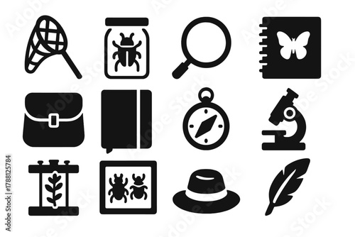 Field Research Tools. Solid style icons of Field Research: Butterfly Net, Specimen Jar, Magnifying Glass, Sketchbook, Leather