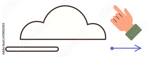 Cloud outline, extended hand gesturing a swipe, and a forward-moving arrow. Ideal for cloud computing, browsing, navigation, data transfer, innovation, connection communication simple flat metaphor