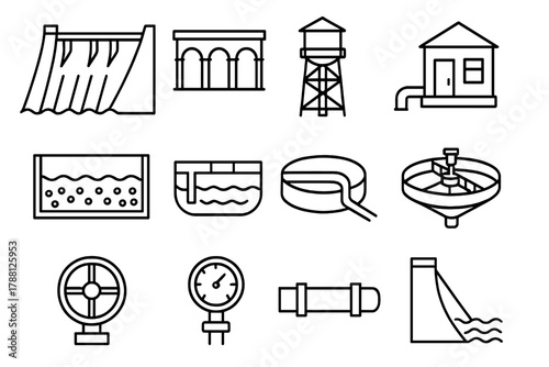 Water Infrastructure Icons. Line style icons of water infrastructure: dam, aqueduct, water tower, pumping house; filtration tank,