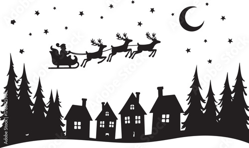 Santa in a reindeer sleigh in the sky. Winter christmas .