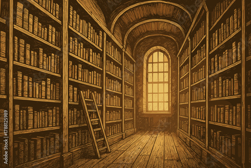 Cozy Library Retreat. Rustic library interior with towering wooden shelves filled with old books, soft golden vector illustration