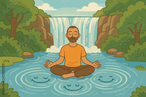 Smiling Waterfall Bliss. Friendly waterfall background with meditating yogi, rippling water forming smiling patterns