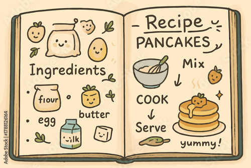 Whimsical Recipe Book. Friendly recipe book open, doodle notes, tiny smiling ingredients scattered across the page