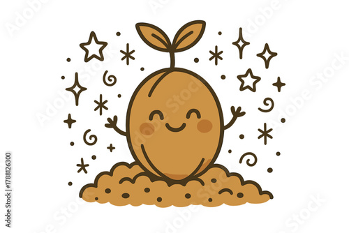 Happy Sprouting Seed. Adorable doodle vector design of a happy seed character sprouting tiny arms, surrounded by doodle soil,