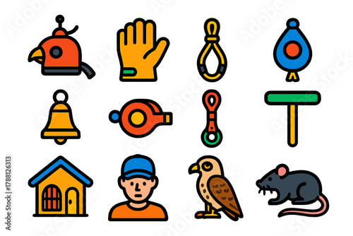 Falconry Accessories Icons. Flat vector icons of Falconry Accessories: hood, glove, jess, lure, bell, whistle, tether, perch, mews