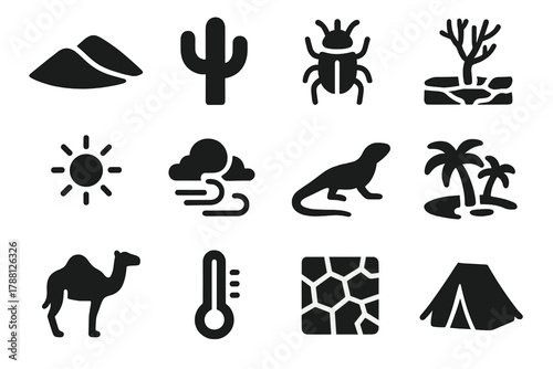 Desert Research Icons. Solid style icons of Desert Research: dune, desert plant, adapted species, desertification, sun, sandstorm,