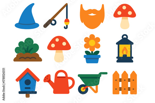 Garden Fantasy Icons. Flat vector icons of Garden Fantasy: pointy hat, fishing rod, beard, garden, mushroom, flower pot, lantern,