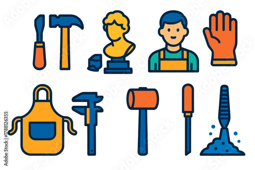 Flat Sculpture Icons. Flat vector icons of Sculpture Studio: chisel, hammer, marble block, pedestal, bust, sculptor, gloves, apron