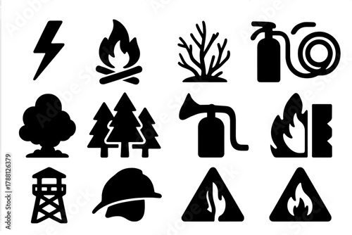 Forest Fire Icons. Solid style icons of Forest Fires: lightning bolt, campfire, dry vegetation, flame, smoke plume, forest trees,