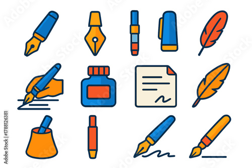 Penmanship Icon Set. Flat vector icons of Penmanship Tools: fountain pen, nib, ink converter, cap, writing, ink bottle, paper,