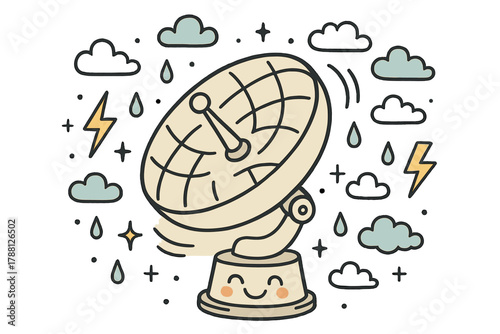 Smiling Weather Radar. Whimsical doodle vector illustration of a smiling weather radar spinning happily, surrounded by tiny