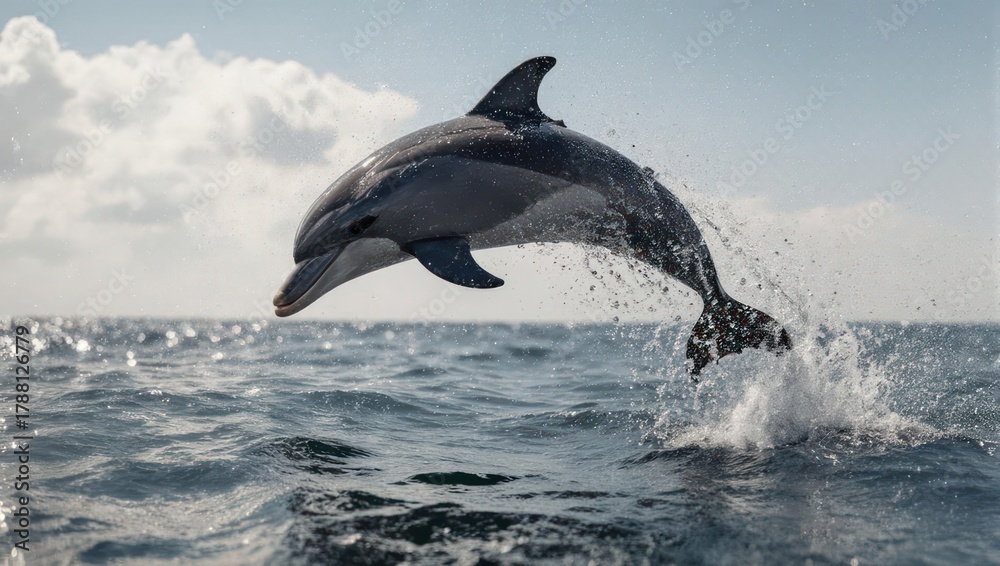 Fototapeta premium A playful dolphin leaps joyfully out of the ocean water.