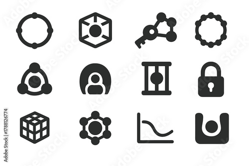 Molecular Host-Guest Complexes. Solid style icons of host-guest complexes: macrocyclic ring, guest molecule inside cage, molecular