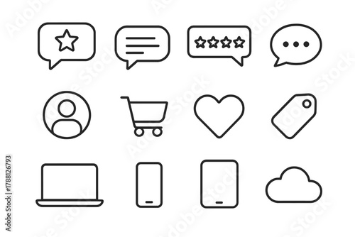 Consumer Interaction Icons. Line style icons of Consumer Interaction: Review, Comment, Star Rating, Chat Bubble; User Profile,