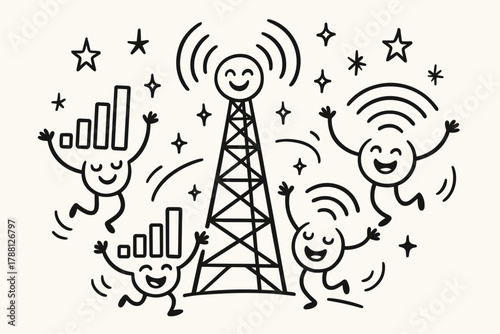Dancing Signals Delight. Funny doodle vector composition of signals personified as happy dancers, swirling around a cheerful tower
