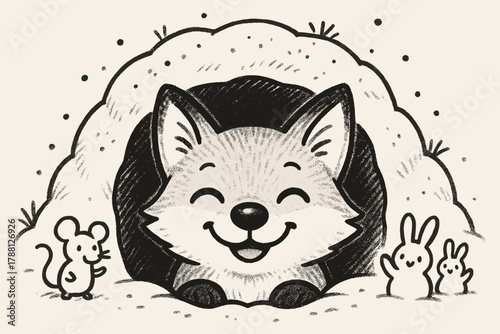 Fox and Friends Peek. Happy fox nose poking out from a cozy den, tiny doodle mice and snow bunnies waving