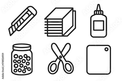 Workshop Supplies Icons. Line style icons of workshop supplies: craft knife, stack of paper, glue bottle, jar of beads, scissors,