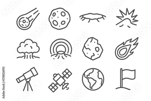 Meteor Impact Icons. Line style icons of Meteor Impacts: Meteor, Asteroid, Crater, Impact Flash; Dust Cloud, Shockwave, Rock