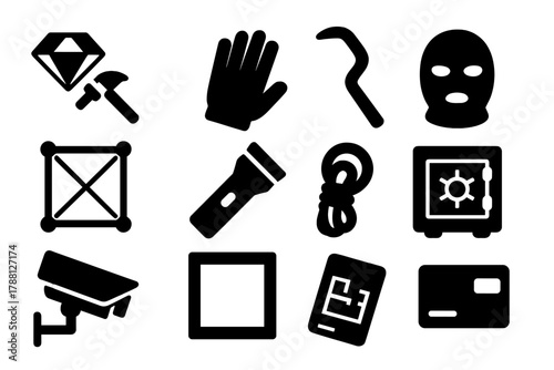 Heist Tools Icons. Solid style icons of Heist Tools: Diamond Cutter, Gloved Hand, Crowbar, Laser Grid, Flashlight, Mask, Empty