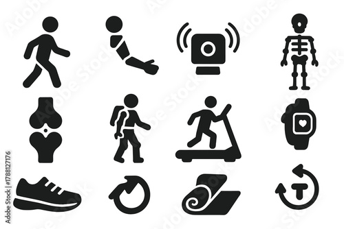 Human Movement Icons. Solid style icons of Human Movement Studies: walking figure, prosthetic arm, motion sensor, dumbbell, joint