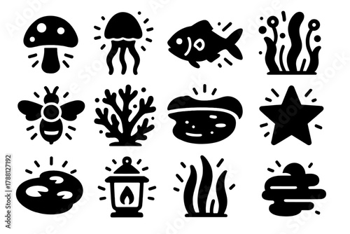 Luminous Ecosystem Icons. Solid style icons of Luminous Ecosystem: Glowing Mushroom, Jellyfish, Bioluminescent Fish, Algae Bloom,