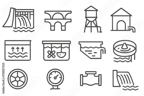 Water Infrastructure Icons. Line style icons of water infrastructure: dam, aqueduct, water tower, pumping house; filtration tank,
