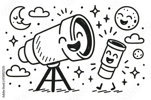 Joyful Telescope Doodles. Playful doodle vector scene of a telescope lens and eyepiece chatting joyfully, with doodle moons,