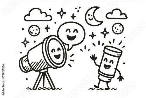 Joyful Telescope Doodles. Playful doodle vector scene of a telescope lens and eyepiece chatting joyfully, with doodle moons,