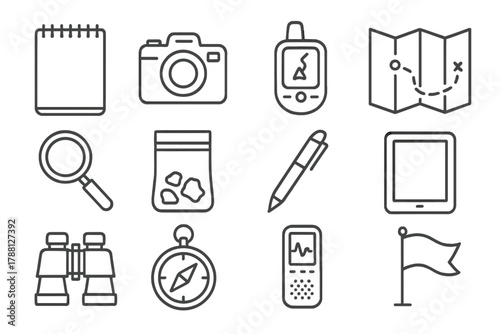 Anthropological Toolbox Icons. Line style icons of Anthropological Tools: Notebook, Camera, GPS, Map; Magnifying Glass, Sample Bag