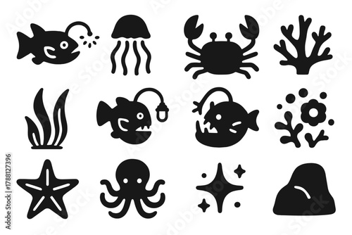 Deep-Sea Icons Collection. Solid style icons of Deep-Sea Life: Bioluminescent Fish, Jellyfish, Crab, Coral, Seaweed, Lantern, Deep