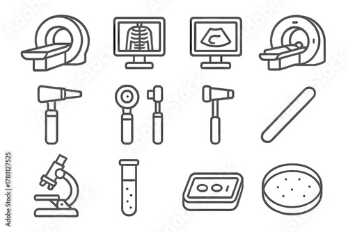 Diagnostic Tools Icons. Line style icons of Diagnostic Tools: MRI Scanner, X-Ray, Ultrasound, CT Scan; Otoscope, Ophthalmoscope,
