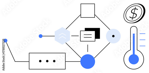 Simplified flowchart including shapes, lines, dollar sign, and thermometer. Ideal for business, technology, process control, data analysis, decision making innovation simple flat metaphor