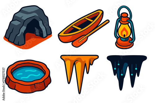 Subterranean River Adventure. Isometric vector illustration set Subterranean River: Cave Entrance, Canoe, Lantern, Underground