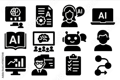 AI Classroom Icons. Solid style icons of AI in Classrooms: adaptive learning platform, automated grading, virtual tutor, laptop, e
