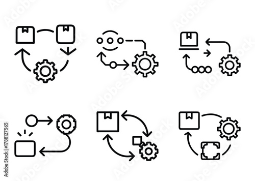 Conceptual diagrams representing business processes and logistics with gears and packages