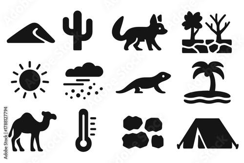 Arid Environment Icons. Solid style icons of Arid Environment Studies: sand dune, desert plant, adapted animal, desertification,