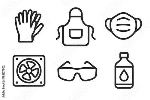 Printmaking Safety Icons. Line style icons of safety in printmaking: gloves, apron, mask, ventilation fan, eye protection, solvent
