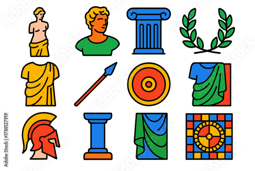 Mythological Sculpture Icons. Flat vector icons of Mythological Sculpture: marble statue, bust, column, laurel wreath, toga, spear