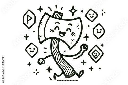Heroic Axe Delight. Delightful doodle vector artwork of a heroic axe swinging happily under doodle sparkles, surrounded by smiling