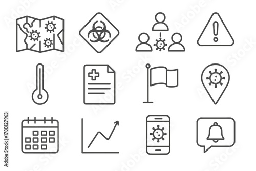 Outbreak Tracking Icons. Line style icons of Outbreak Tracking: Infection Map, Quarantine Sign, Contact Tracing, Alert;