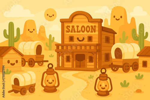 Charming Desert Town. Cheerful desert town with saloon, wagons, and smiling lanterns, all simplified and cute