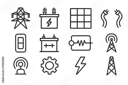 Energy Icons Collection. Line style icons of Energy Transmission: Power Line, Transformer, Grid, Cable; Switch, Substation,