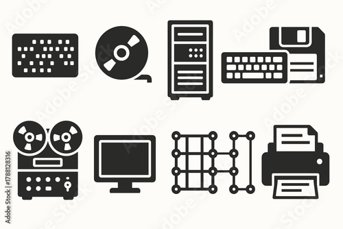Icons of Early Computing. Solid style icons of Early Computing: Punch Card, Magnetic Tape, Mainframe, Keyboard, Floppy Disk,