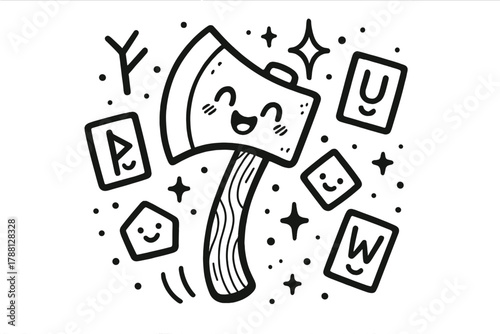 Heroic Axe Delight. Delightful doodle vector artwork of a heroic axe swinging happily under doodle sparkles, surrounded by smiling